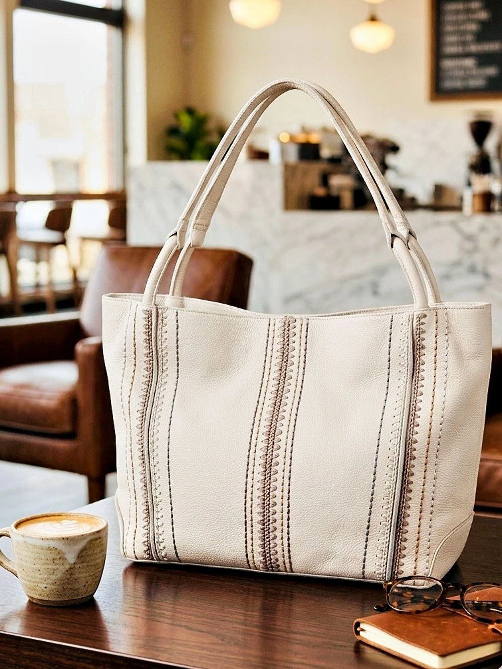 The Sak Los Feliz Large Leather Tote Bag - Off White Boho Whipstitch White